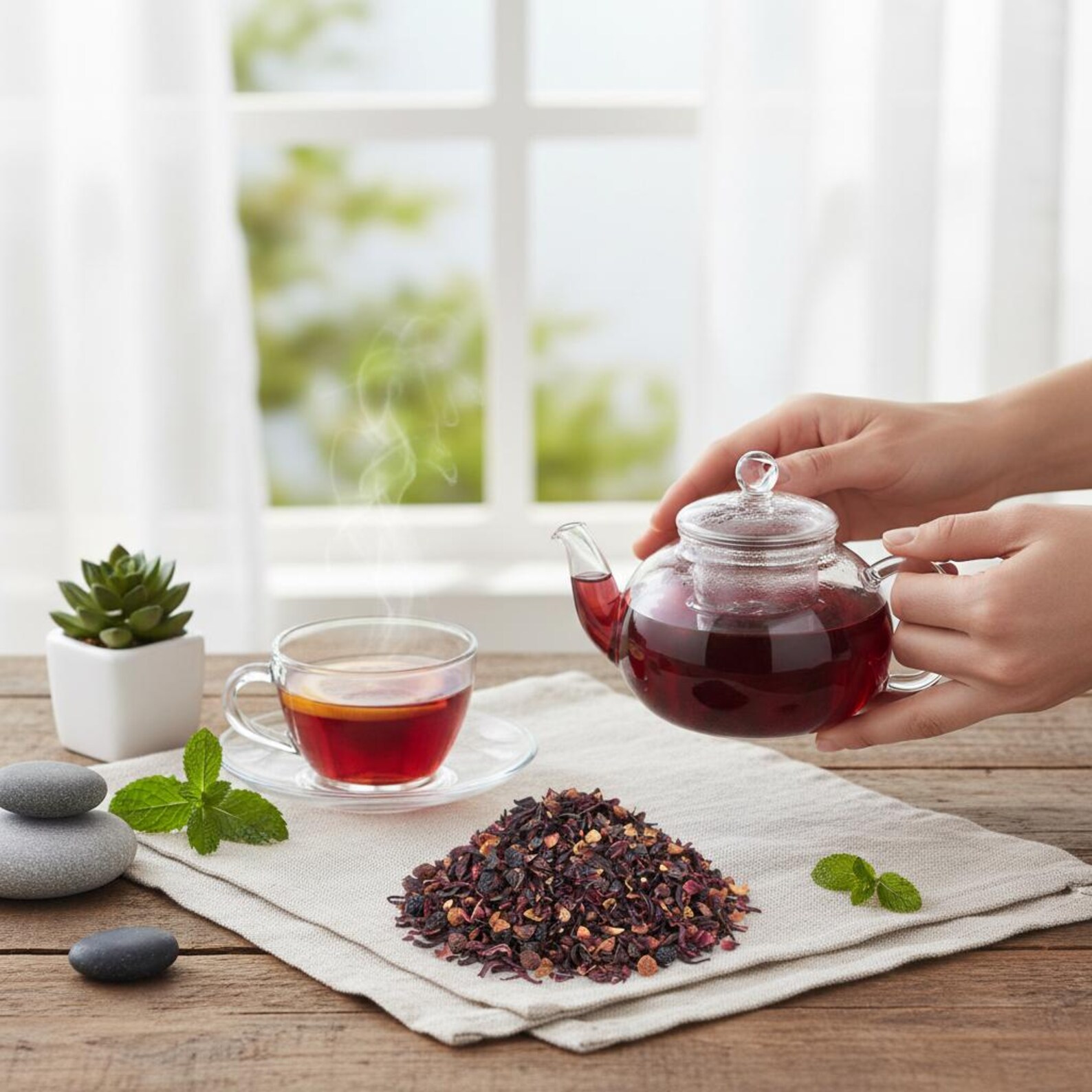 Hand pouring water into a mason jar of tea